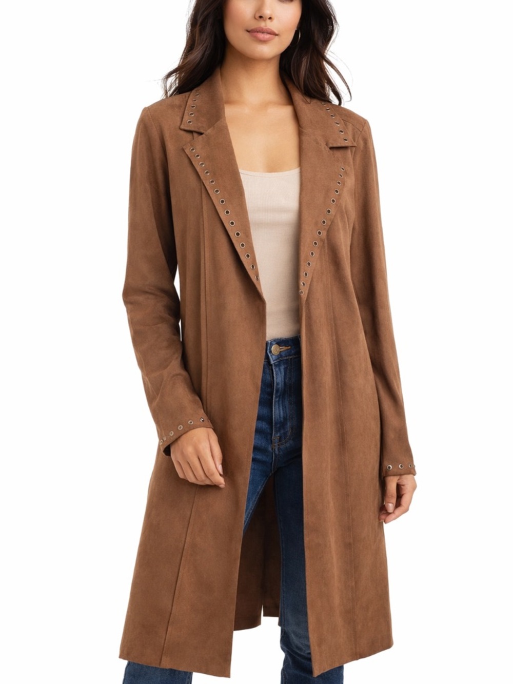 Vocal Women’s Faux Suede Studded Duster Jacket Brown Western Boho Long Coat S